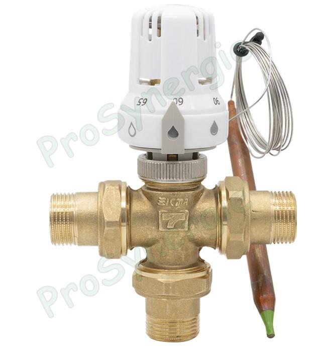 324 - Vanne de mélange relève de température (à piston) 3 voies + 3 raccords démontables ØM 1  + Tête thermostatique M30x1.5 T° 60 à 90°C