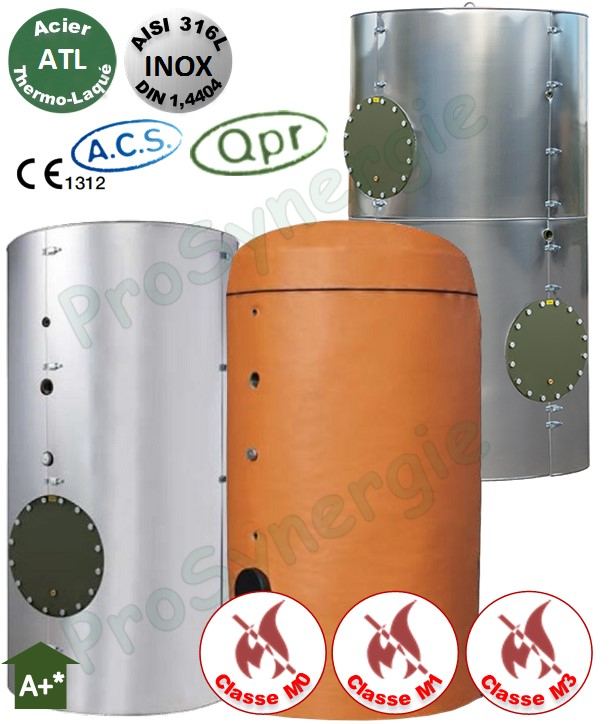 Ballon +Eco Tampon ECS 1000 Litres Vertical sur pieds Inox 316L T<95°C -1 trous d´homme DN 400 Isolant Classe M0 ép.100mm - HxØ=1975x1100mm