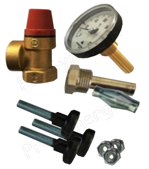 Jeux de 3 Pieds réglables pour ballon ECS au sol (type SNS et SON) + Soupape sanitaire 3 bars + Mano Ø 63mm 120°C et doigt de gant  ØM 1/2´´