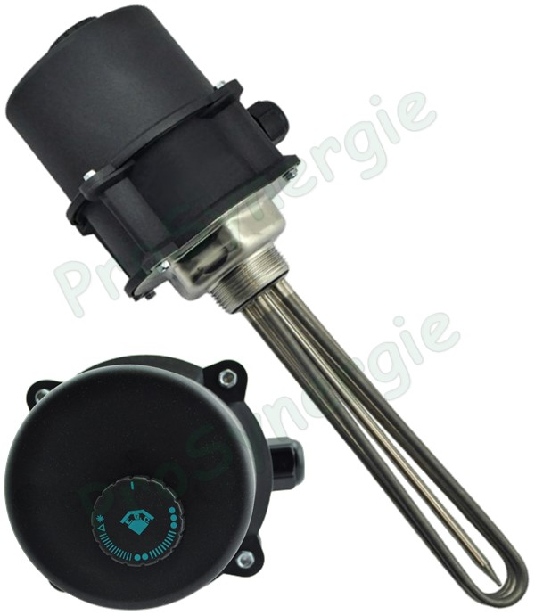 Thermoplongeur Capoté IP55 230V Mono 1,5 à 3 KW longueur 340mm Ø 1''1/4 (33/42) avec Thermostat Réglage 0 à 70°C et Sécurité 83°C